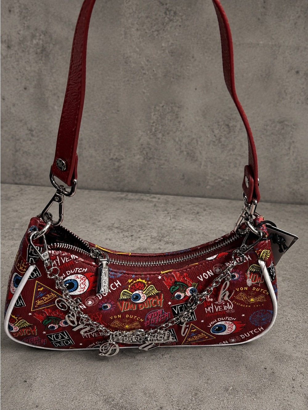 Von Dutch Burgundy Red Logo Graphic Mini Shoulder Bag